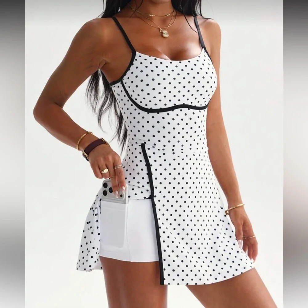 SHEIN White Polka Dot Spaghetti Strap Mini Dress with Black Trim - Picture 2 of 3